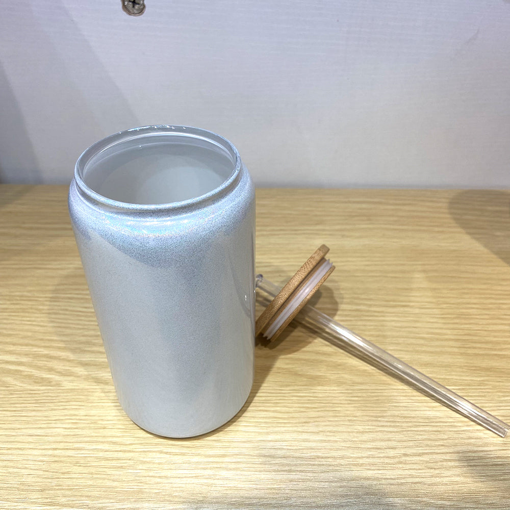 USA Warehouse 25pack Glitter Glass Water Juice Soda Tumbler Cups 16oz Colored Shimmer Sublimation Glass Can With Bamboo Lid and Straw