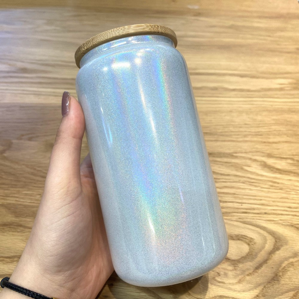 USA Warehouse 25pack Glitter Glass Water Juice Soda Tumbler Cups 16oz Colored Shimmer Sublimation Glass Can With Bamboo Lid and Straw