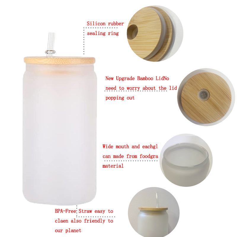 Mazoho 25/50Pack 16oz Clear frosted Beer Glass Can Sublimation Tumbler with Bamboo lid and straw