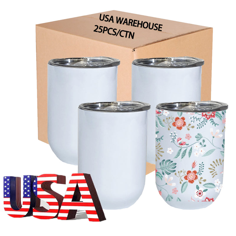 Mazoho USA Warehouse 12oz Straight Sublimation Wine Cups Vacuum Insulation Stainless Steel Wine Tumblers with lid and Straw