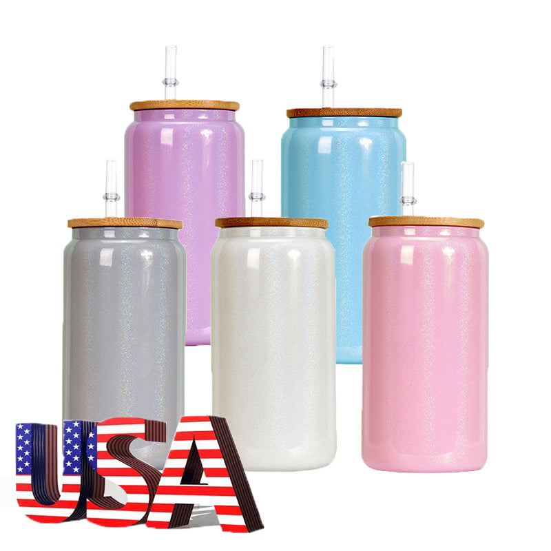 USA Warehouse 25pack Glitter Glass Water Juice Soda Tumbler Cups 16oz Colored Shimmer Sublimation Glass Can With Bamboo Lid and Straw