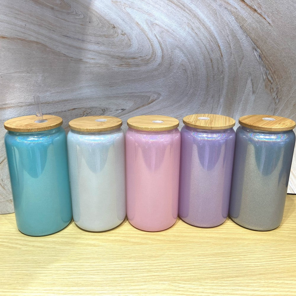 USA Warehouse 25pack Glitter Glass Water Juice Soda Tumbler Cups 16oz Colored Shimmer Sublimation Glass Can With Bamboo Lid and Straw