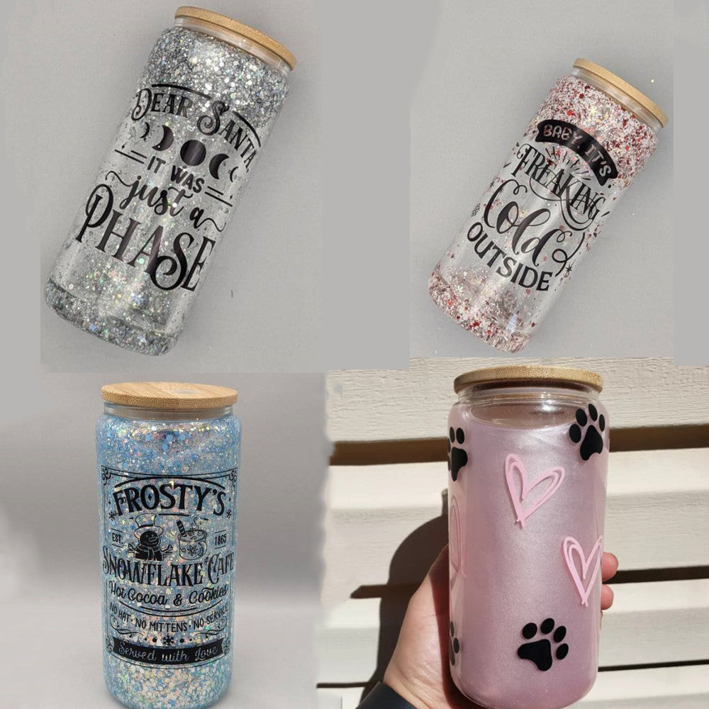 Snow Globe Sublimation Beer Can Glass with Bamboo lid