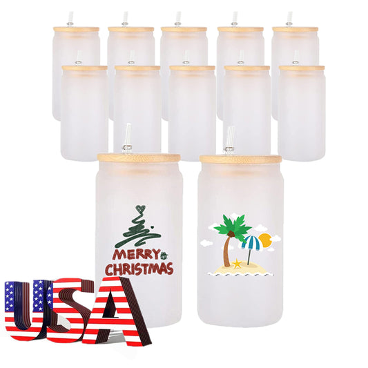 Mazoho 25/50Pack 16oz Clear frosted Beer Glass Can Sublimation Tumbler with Bamboo lid and straw