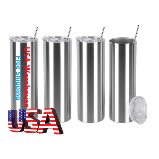 Mazoho 25pcs Wholesale 20oz Skinny Silver Color Straight Sublimation Blanks Stainless Steel Tumblers with metal Straw