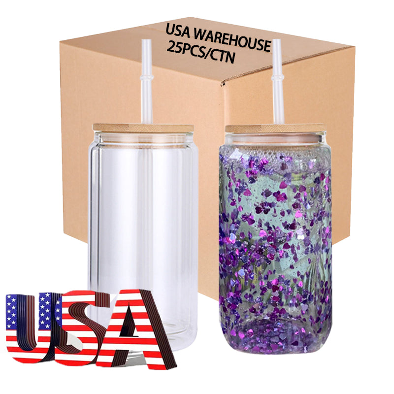 USA Warehouse 25pack 16oz pre drilled double wall clear snow globe can jar glass sublimation tumbler with bamboo lid