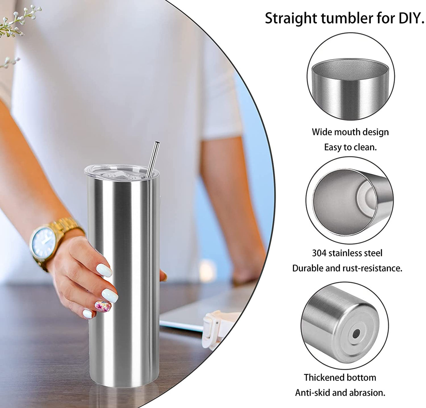 Mazoho 25pcs Wholesale 20oz Skinny Silver Color Straight Sublimation Blanks Stainless Steel Tumblers with metal Straw