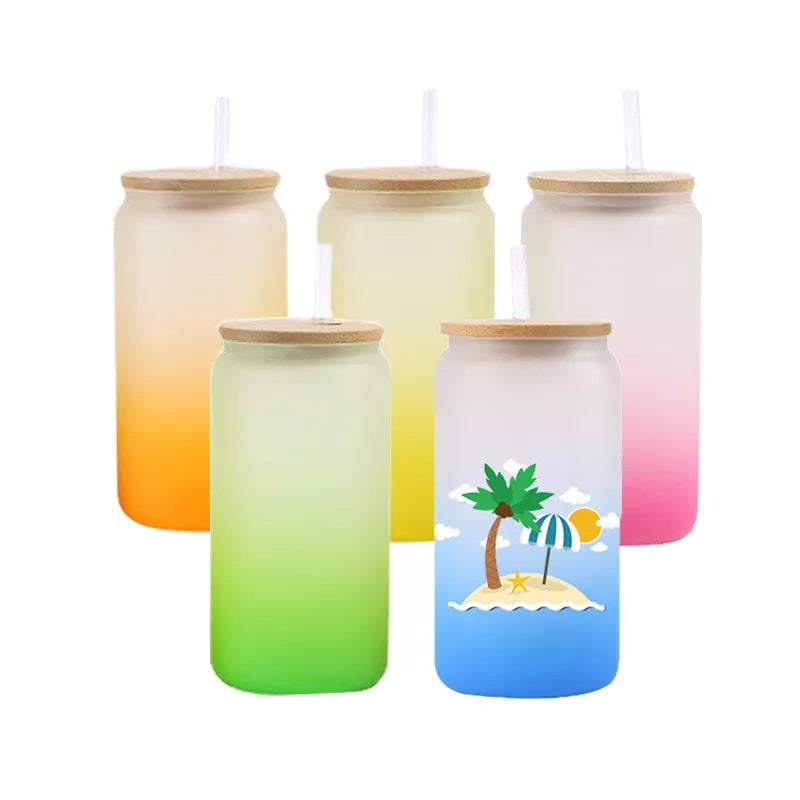 Mazoho Stock 25/50pcs DIY Bank 16oz Frosted Colorful Sublimation glass beer can with bamboo lid and straw