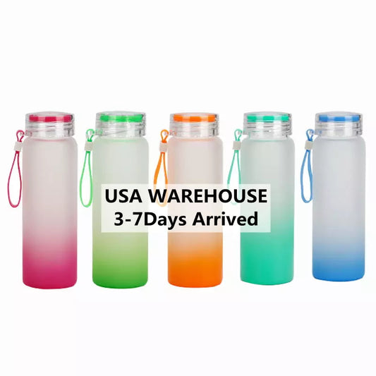 Mazoho 25/50pcs Gradient Color Drinking 17oz Water Bottles Sublimation Frosted Glass Water Bottles With Plastic Lid