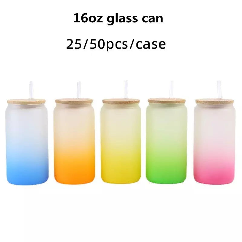 Mazoho Stock 25/50pcs DIY Bank 16oz Frosted Colorful Sublimation glass beer can with bamboo lid and straw