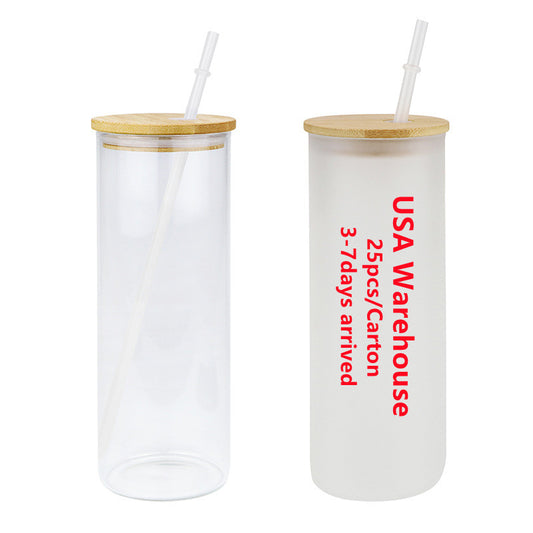 Mazoho USA Warehouse 25pack Free Shipping 25oz Clear Frosted Blank Sublimation Beer Glass can Tumbler with bamboo lid and Straw