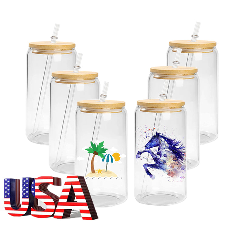 US$ 94.00 - RTS USA warehosue 16oz clear/frosted sublimation glass cups  with bamboo lid+plastic straw 